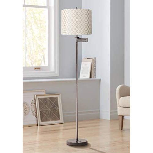 Modern Swing Arm Floor Lamp Bronze Embroidered Hourglass Off White Fabric Drum Shade for Living Room Reading Bedroom Office - Regency Hill