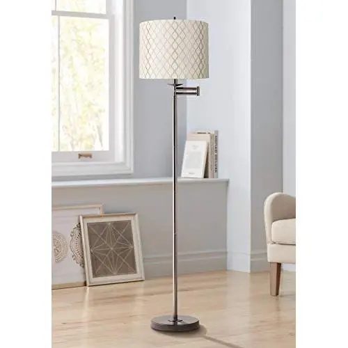 Modern Swing Arm Floor Lamp Bronze Embroidered Hourglass Off White Fabric Drum Shade for Living Room Reading Bedroom Office - Regency Hill
