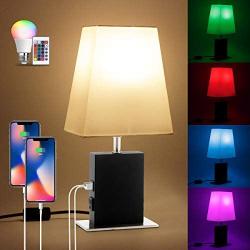 16 Colors RGB Table Lamp, Remote Control USB Table Lamp with 5 Levels Brightness, Total 80 Lights, Dimmable USB Bedside Lamp with Dual USB Ports & AC Outlet, Nightstand Lamps for Bedrooms