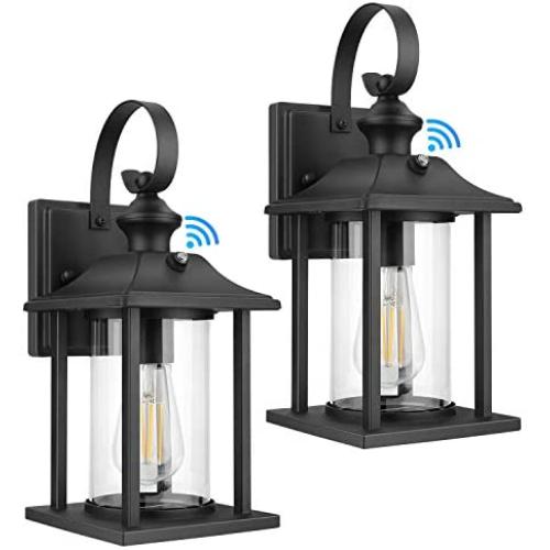 2-Pack Dusk to Dawn Sensor Outdoor Wall Lantern, Exterior Wall Mount Light Fixture with E26 Base Socket, 100% Anti-Rust Aluminum Waterproof Porch Light, Clear Glass Matte Black Wall Sconce for Doorway