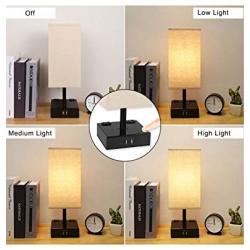 Touch Table Lamps for Bedrooms, Bedside Lamp with USB Port and Outlet, Dicoool Nightstand Lamp 3 Way Dimmable, w/ Fabric Shade and Metal Base for Study Room, Living Room, Set of 2