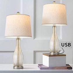 Oneach USB Table Lamps Set of 2 for Living Room 24.5'' Modern Nightstand Lamp with Fabric Shade Glass Bedside Lamp for Bedroom Kids Room Girls Room Office Glass Silver