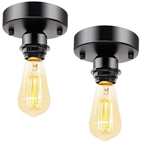 Matte Black Finish E26 E27 Semi Flush Mount Ceiling Light, DIY Farmhouse Light Fixture, Retro Black Industrial Ceiling Light Fixture for Hallway Stairway Bedroom Kitchen, Bulb Not Included (2 Pack)