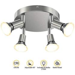 Round 4-Light LED Track Lighting Kit, 4 Way Ceiling Track Light for Bedroom/Hallway/Office, Rotatable Light Head, CRI≥90, ø180mm (Incl. 4X 5W GU10 LED Light Bulbs, 510LM, 2700K), Matte Nickel