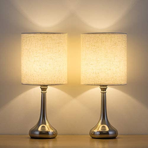 HAITRAL Modern Table Lamps - Nightstand Lamps Set of 2 with Fabric Shade, Small Bedside Desk Lamps for Guest Room, Living Room, Bedroom, Hotel - Silver (HT-TH36-11X2)