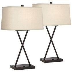 Megan Modern Table Lamps Set of 2 with Hotel Style USB Charging Port LED Bronze Metal Rectangular Fabric Shade for Living Room Bedroom - Franklin Iron Works