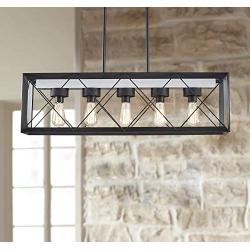 Bestier Painted White Wood Color Matte Black Metal Finish Farmhouse Kitchen Island Pendant Chandelier Lighting LED Ceiling Light Fixture Dining Room Livingroom Length 36 in Height 11 in Width 7.9 in