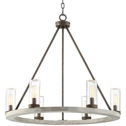 Lillian Gray Wood Bronze Wagon Wheel Chandelier 27'' Wide Rustic Farmhouse Clear Seeded Glass Cylinder Shades 6-Light Fixture Dining Room House Island Entryway Bedroom - Franklin Iron Works