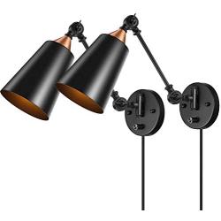 Elibbren Vintage Plug in Wall Sconce 2 Pack, Industrial Edison Wall Light with 5.9FT Plug in Cord with On Off Switch, Rustic Vanity Bedroom Swing Arm Wall Light Fixtures