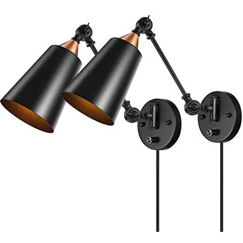 Elibbren Vintage Plug in Wall Sconce 2 Pack, Industrial Edison Wall Light with 5.9FT Plug in Cord with On Off Switch, Rustic Vanity Bedroom Swing Arm Wall Light Fixtures