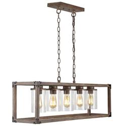 JONATHAN Y JYL7478A Zeniba 36'' 5-Light Linear Adjustable Iron/Seeded Glass Farmhouse LED Pendant, Brown Rustic,Industrial,Vintage,Cottage Dimmable, for Dining, Living Room, Kitchen