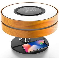 Bedside Dimmable Lamp, Focondot Touch Lamp Built-in Bluetooth Speaker and Fast Wireless Charger, Multi-Function Maple Nightstand Lamp with Sleep Mode and Digital Clock for Bedroom,Living Room