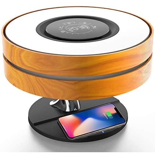 Bedside Dimmable Lamp, Focondot Touch Lamp Built-in Bluetooth Speaker and Fast Wireless Charger, Multi-Function Maple Nightstand Lamp with Sleep Mode and Digital Clock for Bedroom,Living Room