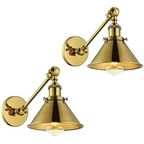 2 Pack Swing Arm Wall Light Adjustable Brass Finish Wall Sconce - LITFAD 7'' Industrial Vintage Wall Lamp Mounted Lighting Fixture with Cone Shade