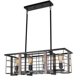 Baiwaiz Rustic Rectangle Dining Room Chandelier Light, Black Metal and Wood Farmhouse Kitchen Island Light Fixture Industrial Linear Cage Pendant Light 4 Lights Edison E26 BW17128