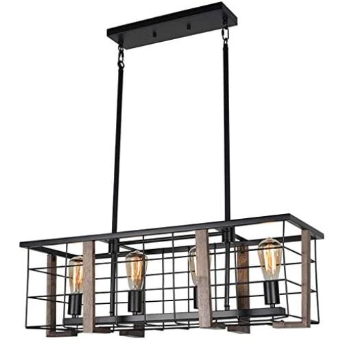 Baiwaiz Rustic Rectangle Dining Room Chandelier Light, Black Metal and Wood Farmhouse Kitchen Island Light Fixture Industrial Linear Cage Pendant Light 4 Lights Edison E26 BW17128