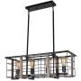 Baiwaiz Rustic Rectangle Dining Room Chandelier Light, Black Metal and Wood Farmhouse Kitchen Island Light Fixture Industrial Linear Cage Pendant Light 4 Lights Edison E26 BW17128