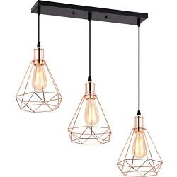 HOXIYA 3 Light Pendant Light Metal Diamond Hanging Lamp Rose Gold Finish Vintage Hanging Ceiling Light Fixtures UL Listed E26 for Island Light Living Room Coffee Bar