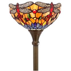 Tiffany Floor Lamp Torchiere Up Lighting W12H66 Inch Blue Orange Stained Glass Crystal Bead Dragonfly Style Lampshade Antique Standing Iron Base 1E26 Foot Switch S168 WERFACTORY Home Office Decoration