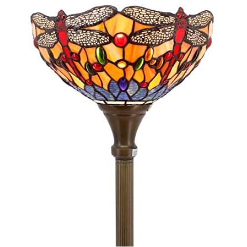 Tiffany Floor Lamp Torchiere Up Lighting W12H66 Inch Blue Orange Stained Glass Crystal Bead Dragonfly Style Lampshade Antique Standing Iron Base 1E26 Foot Switch S168 WERFACTORY Home Office Decoration