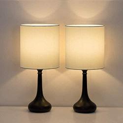 HAITRAL Modern Table Lamps - Bedside Desk Lamp Set of 2, Small Nightstand Lamps for Bedroom, Living Room, Office with Fabric Lamp Shade and Metal Base - Black/White (HT-BTL08-21X2)
