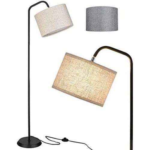 ELYONA Modern Floor Lamp for Living Room & Bedroom - Adjustable Reading Standing Light with 2 Fabric Shades ( Beige & Gray ) - Eye-Caring Tall Pole Floor Lamps for Office, Studio - Black