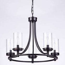 Loclgpm Black Metal Wheel Chandelier, Industrial Vintage 5 Lights Candle Ceiling Light Fixture Semi Flush Mount Pendant Lighting with Glass Shade for Kitchen Island Living Room Foyer Hallway Farmhouse