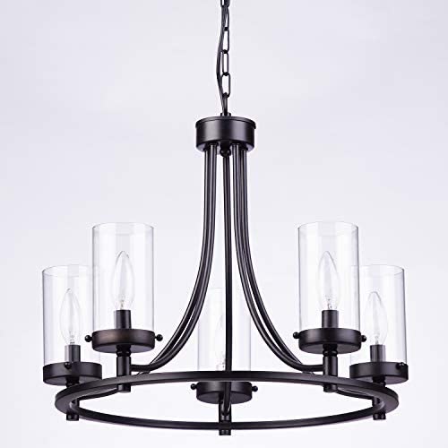 Loclgpm Black Metal Wheel Chandelier, Industrial Vintage 5 Lights Candle Ceiling Light Fixture Semi Flush Mount Pendant Lighting with Glass Shade for Kitchen Island Living Room Foyer Hallway Farmhouse