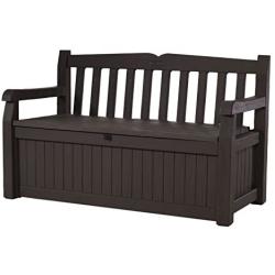 Keter Eden 70 Gallon Storage Bench Deck Box for Patio Furniture, Front Porch Decor and Outdoor Seating – Perfect to Store Garden Tools and Pool Toys,Brown / Brown