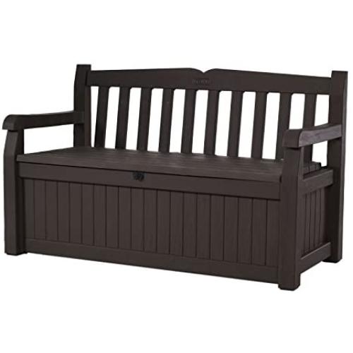 Keter Eden 70 Gallon Storage Bench Deck Box for Patio Furniture, Front Porch Decor and Outdoor Seating – Perfect to Store Garden Tools and Pool Toys,Brown / Brown