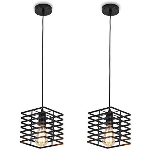 Farmhouse Black Pendant Light 2 Pack, JOOSENLUX Modern Mini Metal Hanging Pendant Light Fixtures E26 Socket Hanging Lamp for Kitchen Island Dinning Room Bedroom (Square)