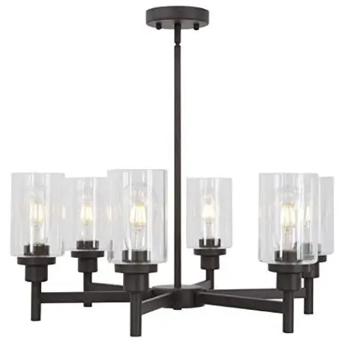 VINLUZ 6 Light Farmhouse Chandelier Classic Pendant Lighting Oil-Rubbed Bronze Industrial Ceiling Lighting Fixture with Clear Glass Shades for Dining Room Kitchen Livingroom