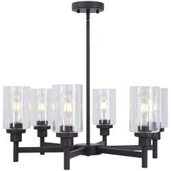 VINLUZ 6 Light Industrial Chandelier Black Pendant Lighting Hanging Fixture with Cylinder Clear Glass for Kitchen Bedroom Dining Room