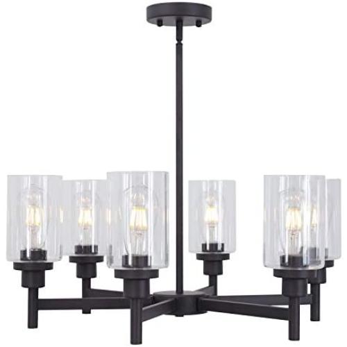 VINLUZ 6 Light Industrial Chandelier Black Pendant Lighting Hanging Fixture with Cylinder Clear Glass for Kitchen Bedroom Dining Room