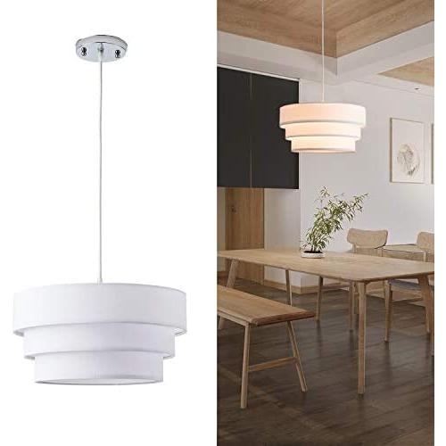 White Pendant Lighting Fabric Shade Modern Drum Pendant Light Contemporary Chandelier Adjustable Hanging Light Fixture for Kitchen Island, Foyer, Dining Room, Entryway Hallway Polished Nickel Finish