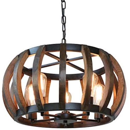 Anmytek Pumpkin Round Pendant Light Vintage Rustic Wood Frame Lamp Adjustable Chain Chandelier E26 Base Bulb Hanging Lighting Kitchen Island Dining Room Ceiling Light Fixture 5-Light(C0070)