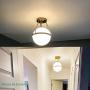 Mid Century Modern Globe Semi Flush Mount Ceiling Light Fixture,White Opal with Brass Finish,Living/Dinning Room
