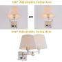 Bedside Wall Mount Light with Dimmable Switch and Outlet, Swing Arm Fabric Shade Wall Sconce Light with USB Port and Plug in Cord, Satin Nickel Wall Lamp for Bedroom, Living Room and Hotel