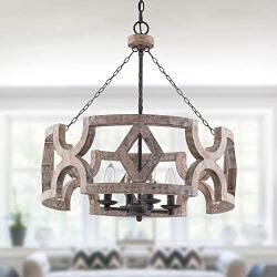 Farmhouse Wood Drum Chandelier, Cottage Burlywood Hanging Pendant Ceiling Light for Dining Room, Living Room, Foyer
