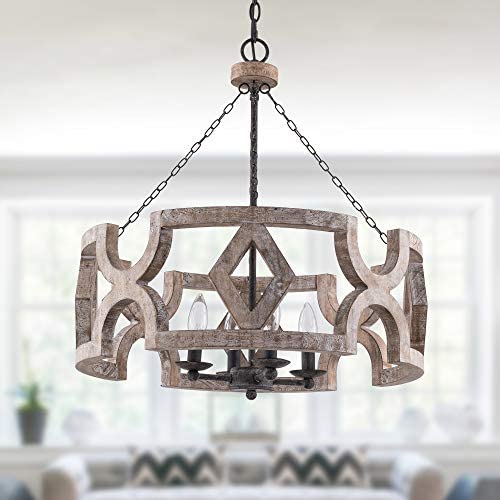 Farmhouse Wood Drum Chandelier, Cottage Burlywood Hanging Pendant Ceiling Light for Dining Room, Living Room, Foyer