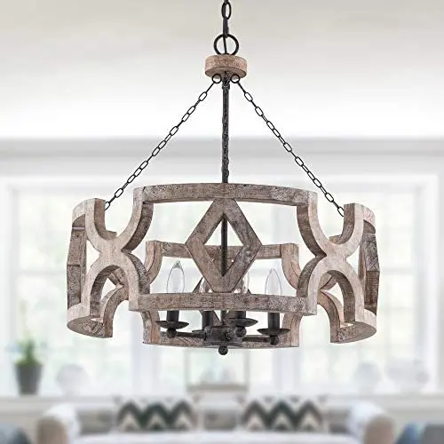 Farmhouse Wood Drum Chandelier, Cottage Burlywood Hanging Pendant Ceiling Light for Dining Room, Living Room, Foyer