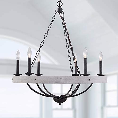 Farmhouse Rustic 6-Light Candle Wooden Chandelier, Cottage Wooden Iron Light Fixture Wood Pendant Ceiling Light for Dining Room, Living Room, Foyer, Hall, Restaurant - Distressed White