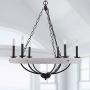 Farmhouse Rustic 6-Light Candle Wooden Chandelier, Cottage Wooden Iron Light Fixture Wood Pendant Ceiling Light for Dining Room, Living Room, Foyer, Hall, Restaurant - Distressed White