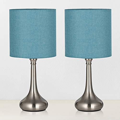 Bedside Table Lamps Modern Desk Lamp, Small Nightstand Lamps Set of 2 with Metal Base and Blue Fabric Shade for Bedroom, Office, Living Room, Family Room, College Dorm