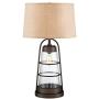 Industrial Table Lamp with Nightlight Bronze Cage Glass Lantern Brown Burlap Shade for Living Room Family - Franklin Iron Works