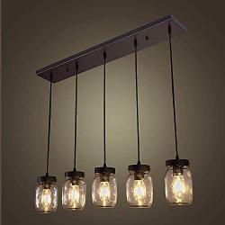 Wellmet Farmhouse Chandelier Glass Mason Jar Adjustable, 5-Lights Dining Room Lighting Fixtures Hanging Rustic Chandeliers with Wires for Kitchen Island Dining Room Living Room Cafe Pub