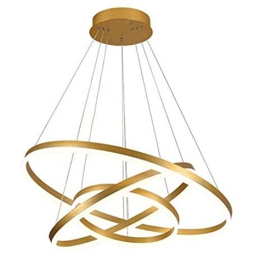 CCSUN Golden Round LED Chandelier,84w 6300-7100lm Acrylic Pendant Light 3 Rings Acrylic Chandelier Adjustable Height Circular Ceiling Light for Hallway Dining Room Bedroom Dimmable+Remote 40+60+80cm