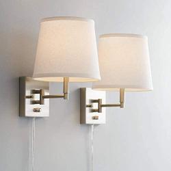 Lanett Modern Swing Arm Wall Lamps Set of 2 Brushed Nickel Plug-in Light Fixture White Empire Shade for Bedroom Bedside Living Room Reading - 360 Lighting