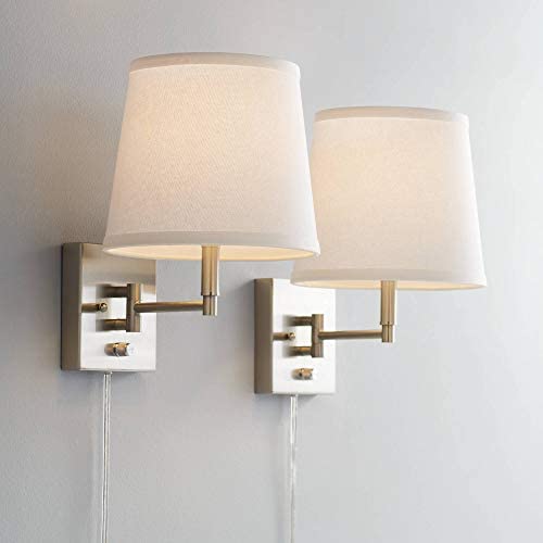 Lanett Modern Swing Arm Wall Lamps Set of 2 Brushed Nickel Plug-in Light Fixture White Empire Shade for Bedroom Bedside Living Room Reading - 360 Lighting