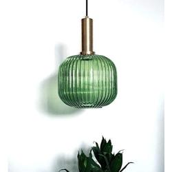 LITFAD Modern Ribbed Glass Geometric Hanging Light Simplicity Single Light Ceiling Light in Brass Finish Pendant Light Fixture for Hallway Warehouse Bar Coffee Shop Living Rooms Bedrooms - B Green